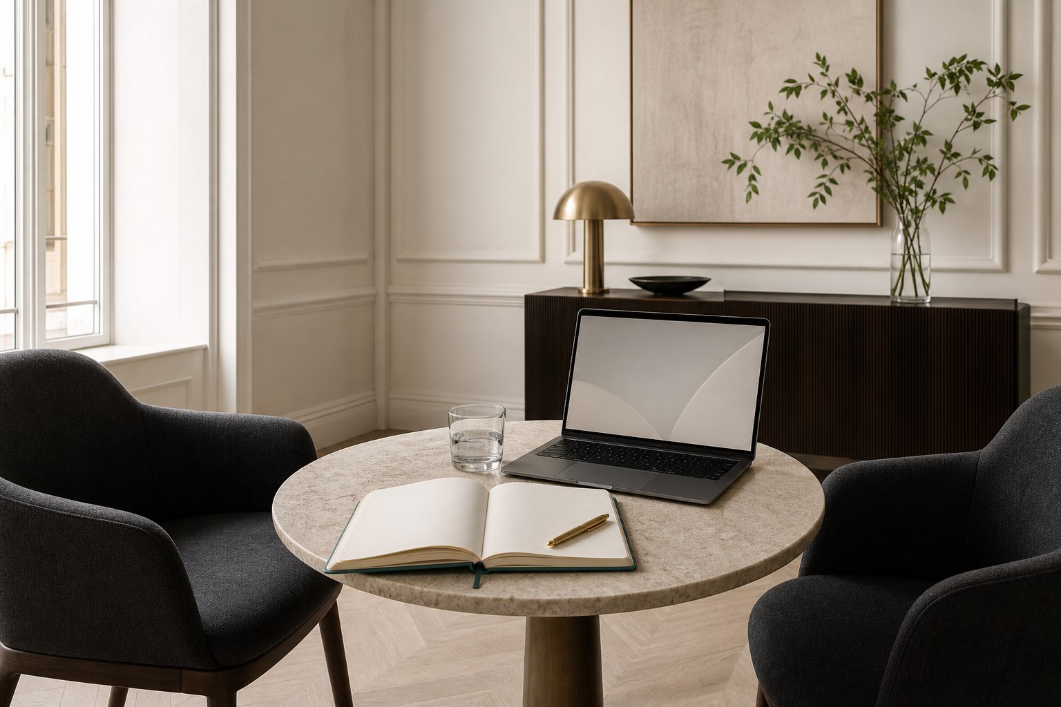 A calm consultation setting prepared for a confidential project conversation