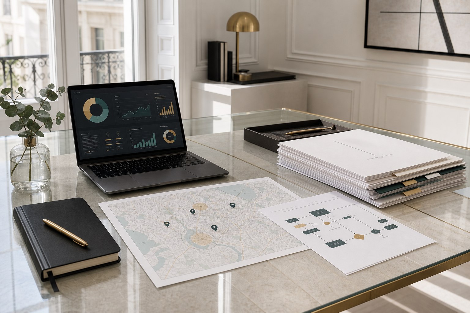 Consulting workspace combining search visibility, business documents and workflow planning