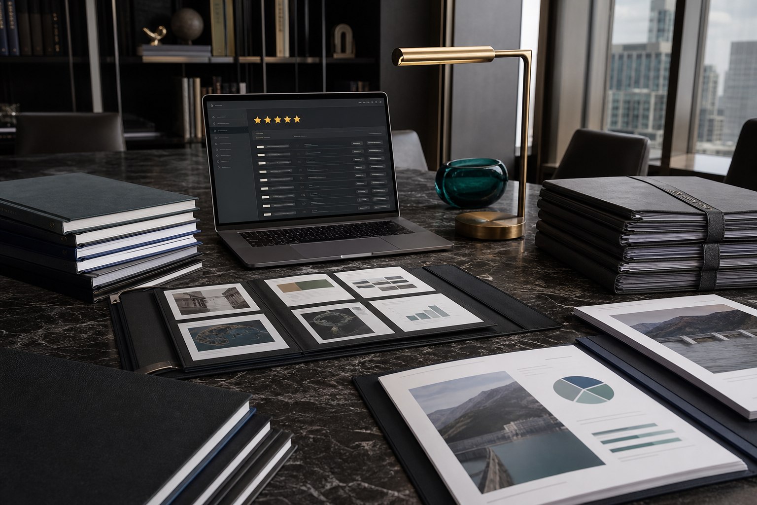 Organized portfolio files, completed documents and a client review dashboard