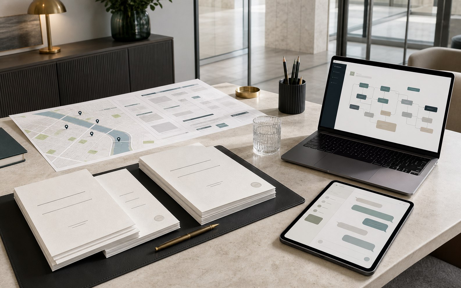 Local SEO, legal documents, AI automation workflows and chatbot planning arranged on a consulting table